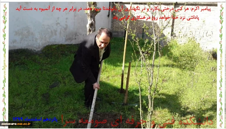 پانزده اسفند ماه روز درختکاری است ما هم می‌توانیم با کاشتن یک درخت در زیباسازی و داشتن هوای سالم شهرمان سهیم باشیم. 
                                               روز درختکاری مبارکباد 2