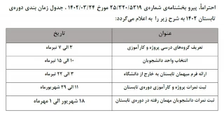 زمان بندی انتخاب واحد ترم تابستان